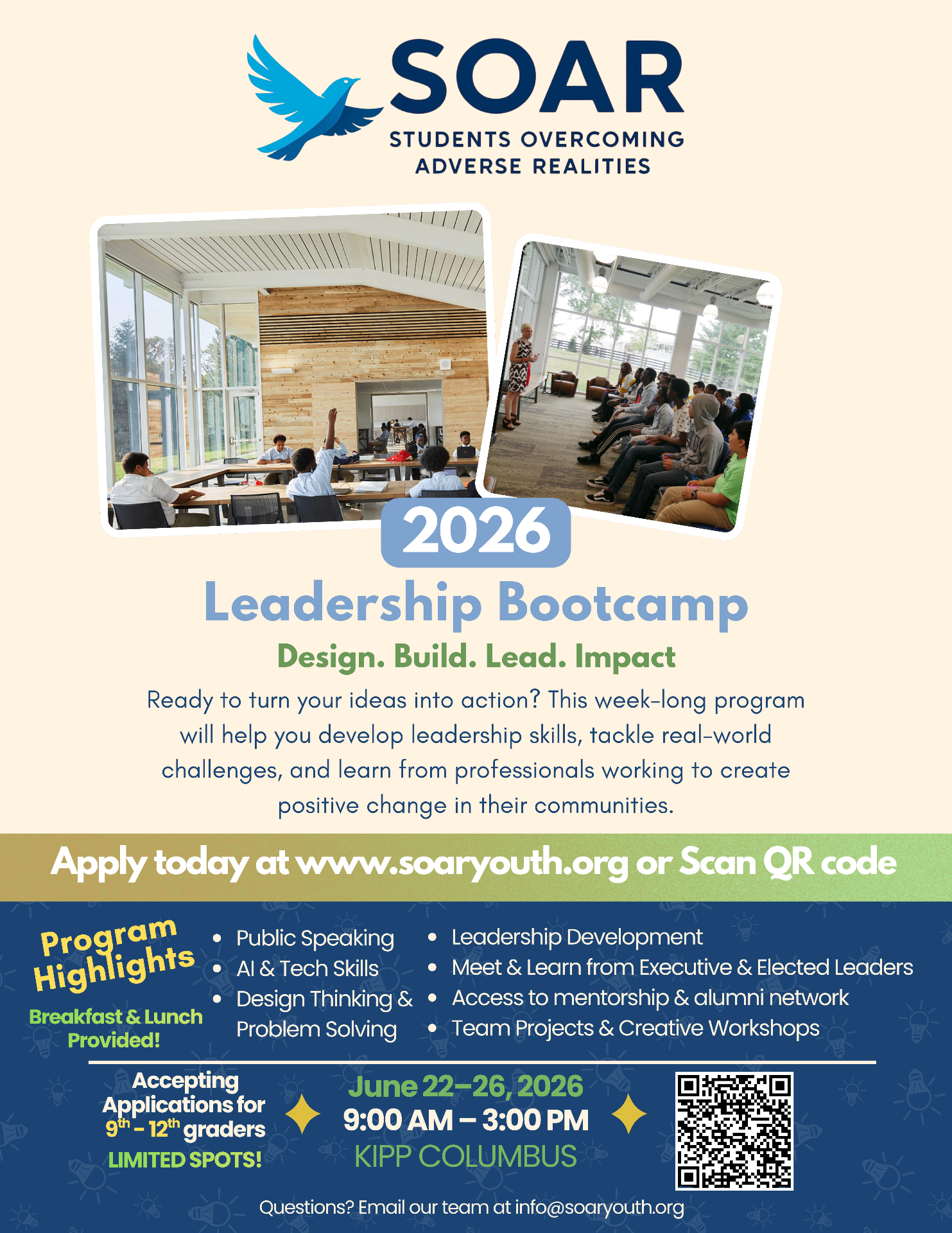 2026 SOAR Leadership Bootcamp flyer with program highlights, dates, and application info